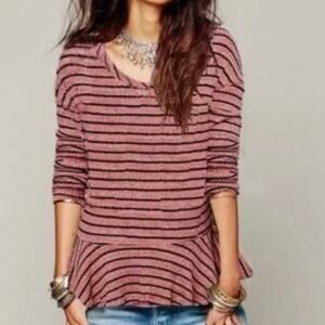 Free People FP Sedona Red Striped Long Sleeve Blouse Size Medium